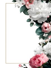 Elegant floral arrangement features white and pink peonies with lush green leaves on a gold rectangular frame.