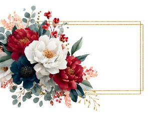 Elegant floral arrangement with red white and blue flowers adorns a gold frame on a clean white background.