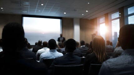 A diverse audience attends a professional business seminar in a modern conference room with a large projection screen and natural light