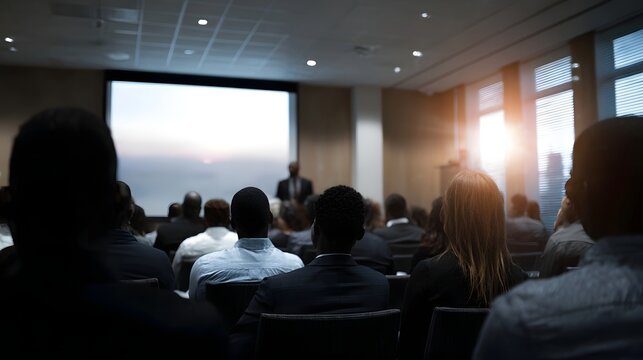 A diverse audience attends a professional business seminar in a modern conference room with a large projection screen and natural light