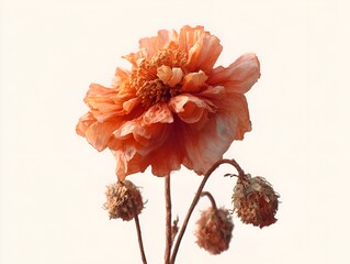 The delicate orange bloom contrasts beautifully with its wilting buds in a warm and tranquil scene today.