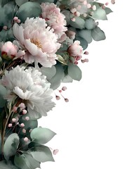 Elegant floral arrangement featu white peonies and eucalyptus leaves against a clean white background art.
