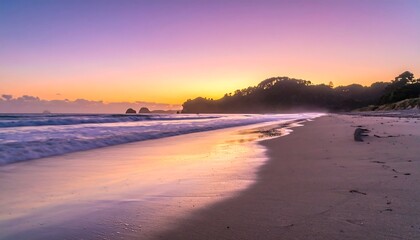 Serene sunrise over a tranquil beach, pastel sky reflecting on wet sand