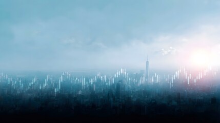 A modern city skyline overlaid with a financial market graph under a hazy sky