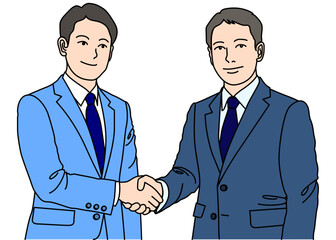 握手するビジネスマン男性ふたりのイラスト 上半身正面 青色 カラー