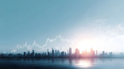A modern city skyline reflected in water overlaid with a financial market graph under bright sunlight