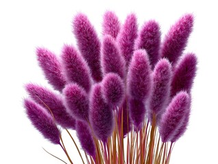 A vibrant bunch of deep pink bunny tail grass plumes are arranged on a stark white isolated background.
