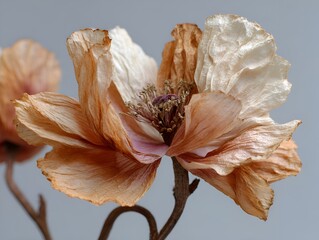 A delicate peach colored crepe paper flower is gracefully displayed against a soft gray studio background.
