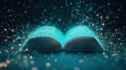 Open book A dark screen displaying a central, glowing blue open book icon, surrounded by digital data streams and information, symbolizing the wealth of knowledge accessible through digital platforms.