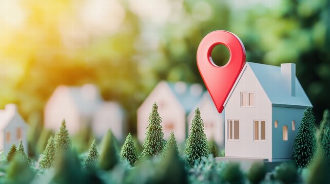 location City Map with 3D Building and Pin An isometric view of a city block with detailed buildings, a location pin marking a specific residential building, representing real estate listings,