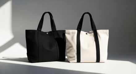 Two neutral-toned tote bags, black and cream, on a plain background