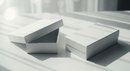 Two open white boxes on a light surface, bathed in sunlight