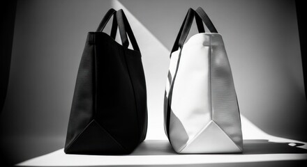 Two minimalist tote bags, black and white, side view