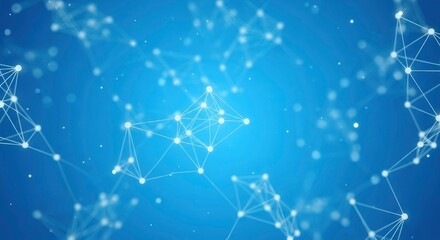 Geometric network of glowing white points and lines on a soft blue background with blurred elements