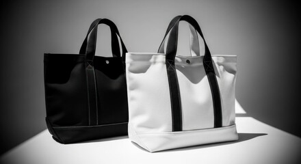 Two tote bags, black and white, featuring contrasting handles