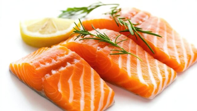 Fresh salmon fillets served on a plate with a slice of lemon, perfect for a seafood dinner or appetizer