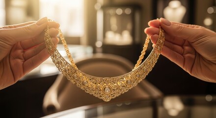 Woman's hands hold a gold necklace with diamonds