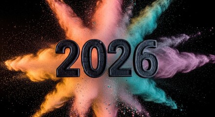 Year 2026 bursts in colorful powder
