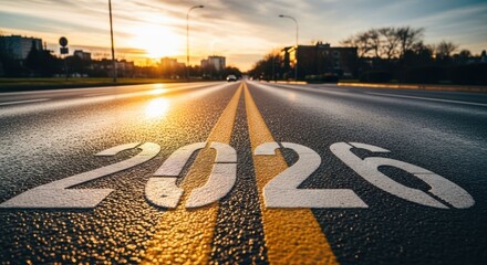 Year 2026 painted on a city road at sunset