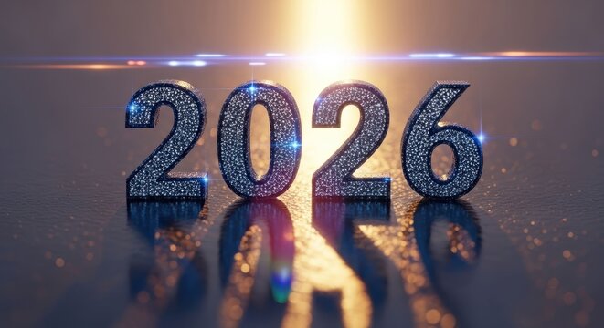 Year 2026, diamond-embellished,  glowing light