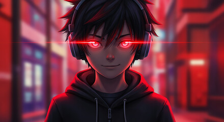 Anime boy with headphones and red eyes in urban setting
