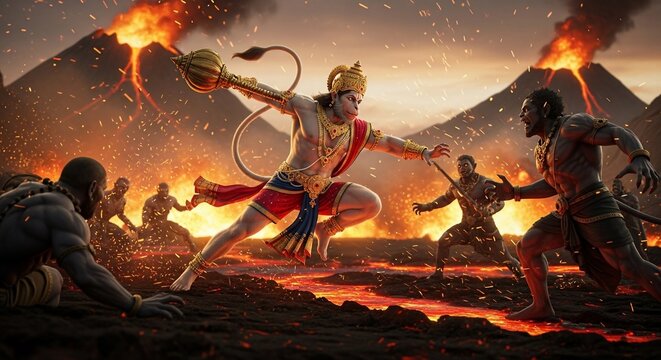 Epic Mythological Battle Scene with Fire Volcanoes and Lava Flow in Dark Sky