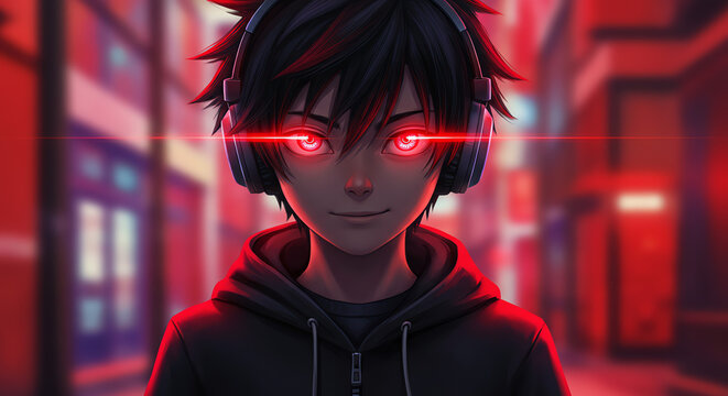 Anime boy with headphones and red eyes in urban setting