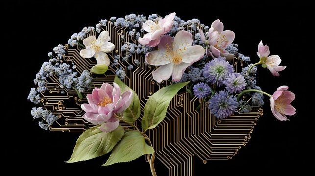Stylized brain made of circuitry and blooming flowers, symbolizing the fusion of technology and nature.