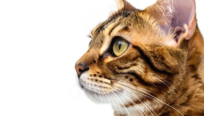 Close-up profile of a brown tabby cat with striking yellow eyes against a white background