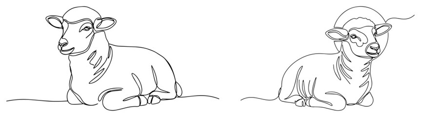 Two Cute Lambs Lying Down in Continuous One Line Art