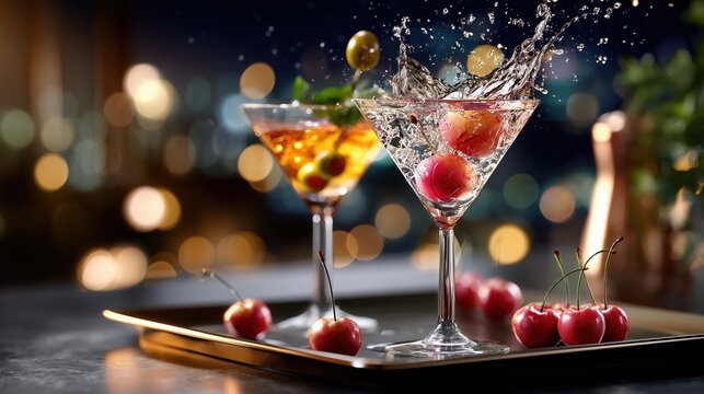 Refreshing martini cocktails splashing with cherries and olives on blurred background - Powered by Adobe