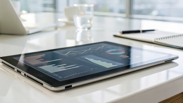 Company Grand Opening Concept. A tablet displaying data analytics on a modern office desk with a cup of water and a notebook.
