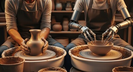 A human and a robot collaborate on pottery, shaping clay on spinning wheels in a workshop setting.