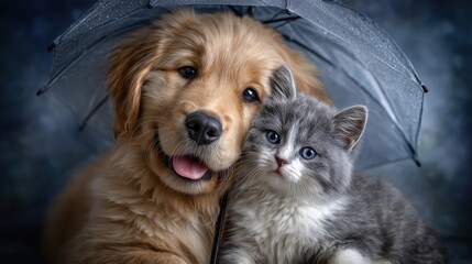 Golden retriever puppy and kitten sharing umbrella during rain