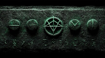 dark Halloween magic symbols, glowing green runes on black stone texture, misty purple aura, minimalist occult design, abstract pentagram patterns, moon phase elements