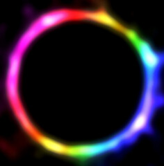 Vibrant rainbow neon ring glowing on black abstract background energy light circle
