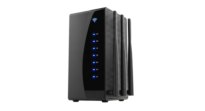 Modern Black Wireless Router with Blue Indicators