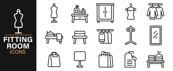 Fitting room icon set – dressing mannequins, wardrobes, hangers, and mirrors in line art style
