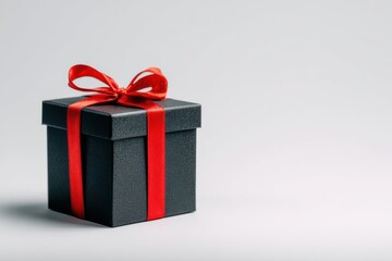 Fototapeta premium Elegant Black Gift Box with Red Ribbon on White Background