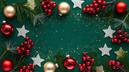 Festive Christmas Arrangement: A Beautiful Holiday Spread with Ornaments, Berries, and Greenery on a Dark Green Backdrop, perfect for seasonal displays.