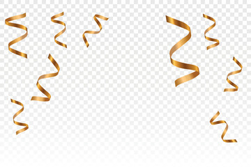 Holiday gold serpentine ribbons isolated on transparent vector background. Festive frame with confetti, glitter tinsel, shiny streamer. Pattern for birthday, party, over design.