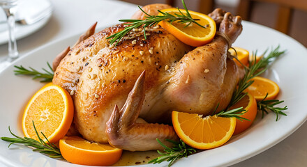 Roasted chicken garnished with oranges and rosemary on a white plate