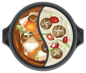 Yin Yang Hot Pot with Vegetables and Tofu Illustration