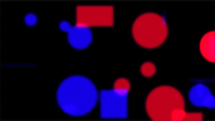 Abstract red and blue bokeh circles and squares floating on