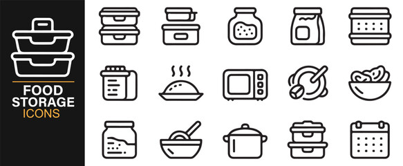 Kitchen food storage vector icons – pantry jars, meal prep boxes, and cooking utensils