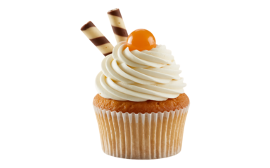 Delicious cupcake isolated on transparent background, adorned with a swirl of creamy frosting, two striped wafer sticks, and a vibrant orange candy, a sweet treat for any occasion