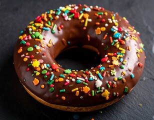 Close-up of a glazed donut with colorful sprinkles
