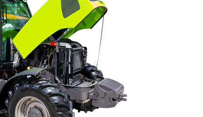 Farm or construction tractor with open hood isolated on transparent background. © Barillo Images