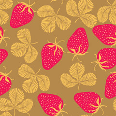 Seamless pattern with strawberry on color background. Natural delicious fresh ripe tasty fruit. Vector illustration for print, fabric, textile, banner, other design. Food concept.