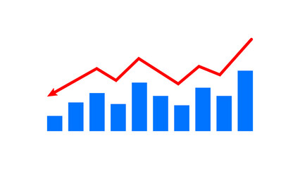 Bar chart with red arrow showing downward trend isolated on transparent background
